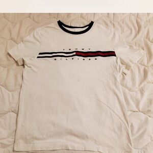 Tommy Hilfiger White Tee with Black and Red Stripes